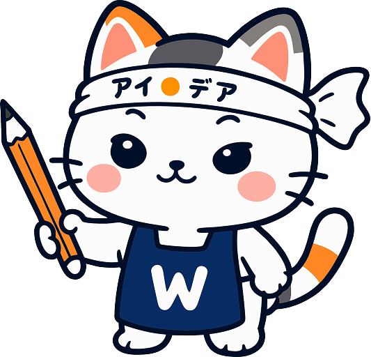 Maskot kucing Wibu Creative membawa pensil